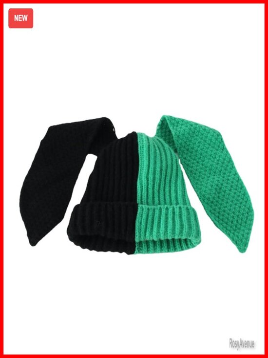 Color Block Knit Beanie Hat with Cute Bunny Long Ears Winter Cap main image 4